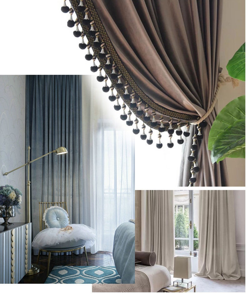May include: A set of three curtains in different colors and textures. The first curtain is a dark blue velvet with a subtle sheen. The second curtain is a sheer white fabric. The third curtain is a light beige linen fabric.