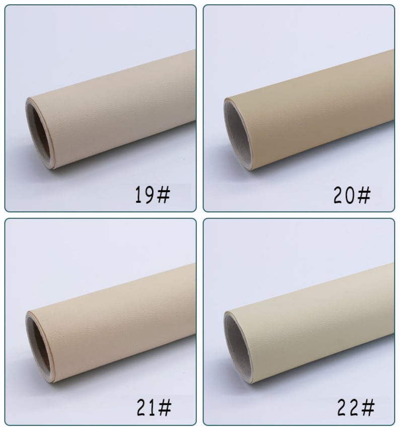 May include: Four rolls of beige faux leather fabric, each with a different shade of beige. The rolls are labeled 19#, 20#, 21#, and 22#.