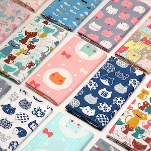 Cute Cartoon Cat Fabric, 100% Cotton Twill Fabric, Mask Making Fabric,By The Half Yard