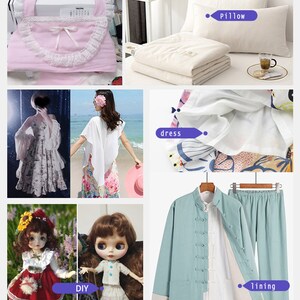 May include: A collage of images showing different sewing projects. The top left image shows a pink fabric bag with lace trim and a white sewing machine. The top right image shows a white pillow and a white blanket. The bottom left image shows two dolls wearing dresses. The bottom right image shows a light blue jacket with a white lining and a pair of light blue pants.