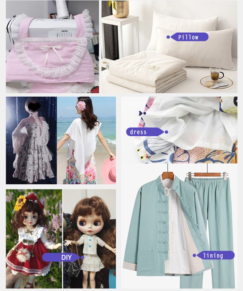 May include: A collage of images showing different sewing projects. The top left image shows a pink fabric bag with lace trim and a white sewing machine. The top right image shows a white pillow and a white blanket. The bottom left image shows two dolls wearing dresses. The bottom right image shows a light blue jacket with a white lining and a pair of light blue pants.