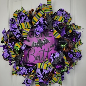 Fun Halloween Deco Mesh Wreath Front door wreath hanger Purple Gone Batty