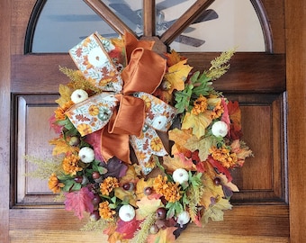 Fall Wreath: Cream Pumpkins, Maple Leaves & Acorns - 20" Diameter