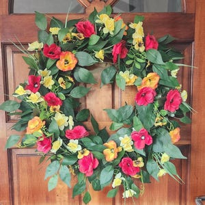 Couronne de coquelicots d&#39;été : décoration de porte d&#39;entrée rouge, orange et jaune