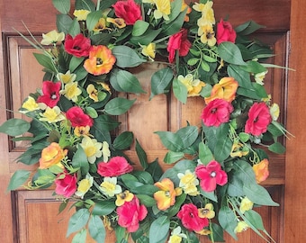 Summer Poppy Wreath: Red, Orange & Yellow Front Door Decor