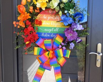 Rainbow Pride LGBTQ+ and Ally Floral Wreath for Front Door Gay pride door hanger