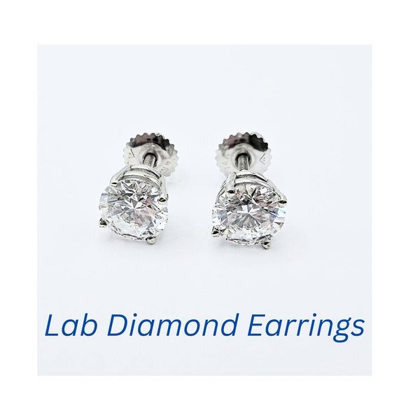 Valentine 1.00ct CVD Lab Grown E/VS Diamond 4-prongs Studs Round Earrings 14K Solid Gold Screw-back Lab Diamond 5mm White or Yellow Gold