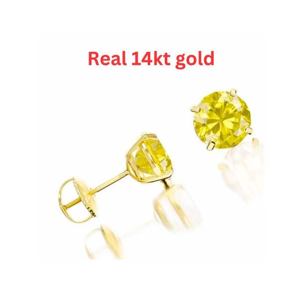 Canary Solitaire Studs Earrings Real 14K Solid Yellow Gold Screw-Back Created Diamond Round Cut Canary Fancy Yellow 6mm 4mm 5mm 6mm 7mm 8mm