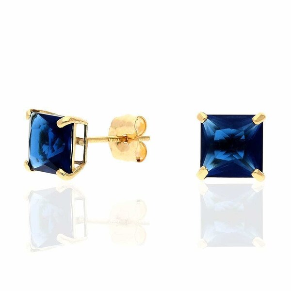 Sapphire Earrings Real 14K Solid Yellow Gold Blue Sapphire Stud Earrings Birth Stone Push Back 6MM Created Sapphire 2 Ct Princess Women's