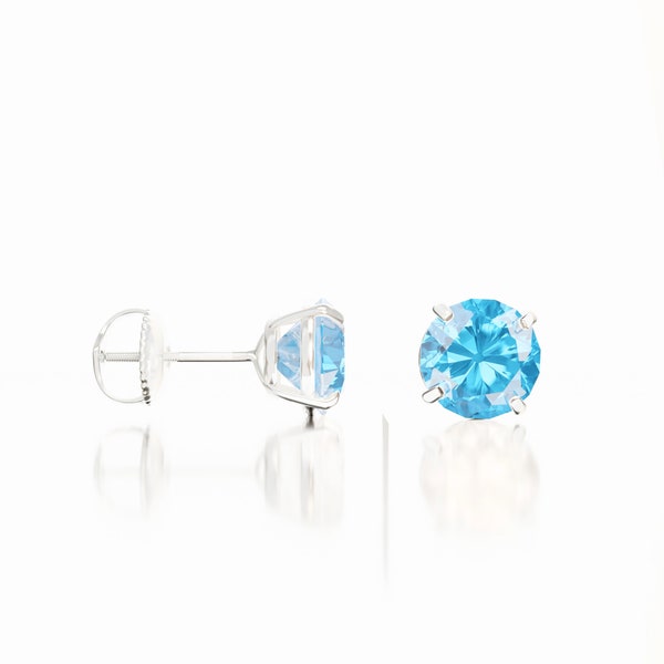 Diamond Earrings Moissanite Ocean Blue GRA Diamond Certified Fancy blue D-VVS1 Round 14K White Solid Gold Screw-Backs Studs Moissanite