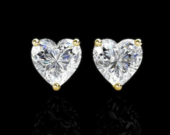 1 CT Heart Shape Created Diamonds Stud Earrings Real 14K Yellow Solid Gold Screw Back 5mm