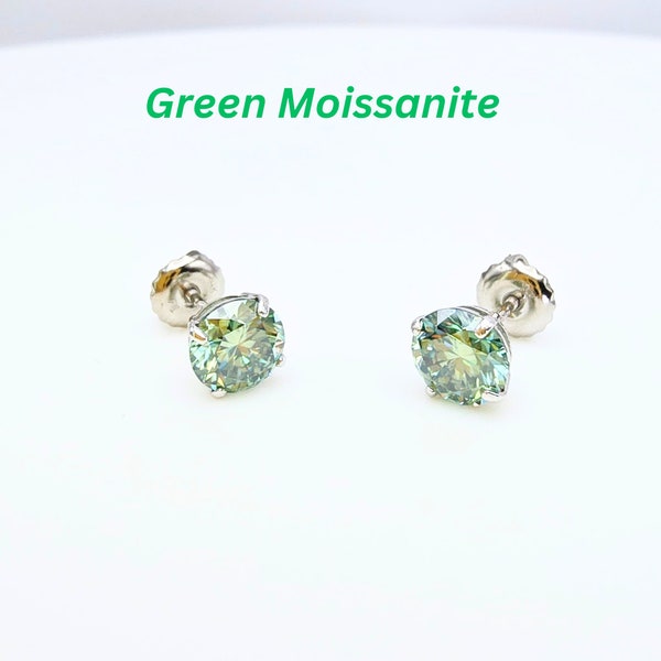 Moissanite Diamond Green Earrings GRA Diamond Certified Fancy Green VVS1 Round 14K White Solid Gold Screw-Backs Studs Moissanite