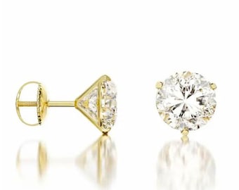 Martini Diamond Studs Earrings in 14K Yellow Solid Gold with Simulated Diamonds 3-prongs - 4mm to 8mm Choose Your Size / Jewelry Gift