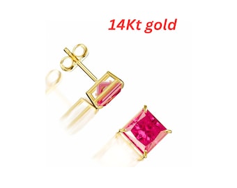 Valentine Last Minute Gifts 2 Ct Princess Ruby Studs Earrings Real 14K Solid Yellow Gold Red Created Ruby Earrings Push-Back 6mm