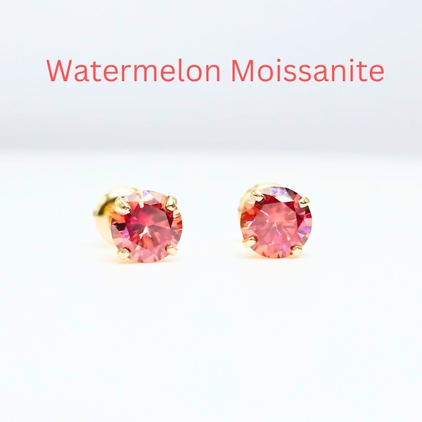 Certified Watermelon Red Moissanite Stud Earrings in 14K Yellow Gold - Fancy Round Design. Women's jewelry, Moissanite studs