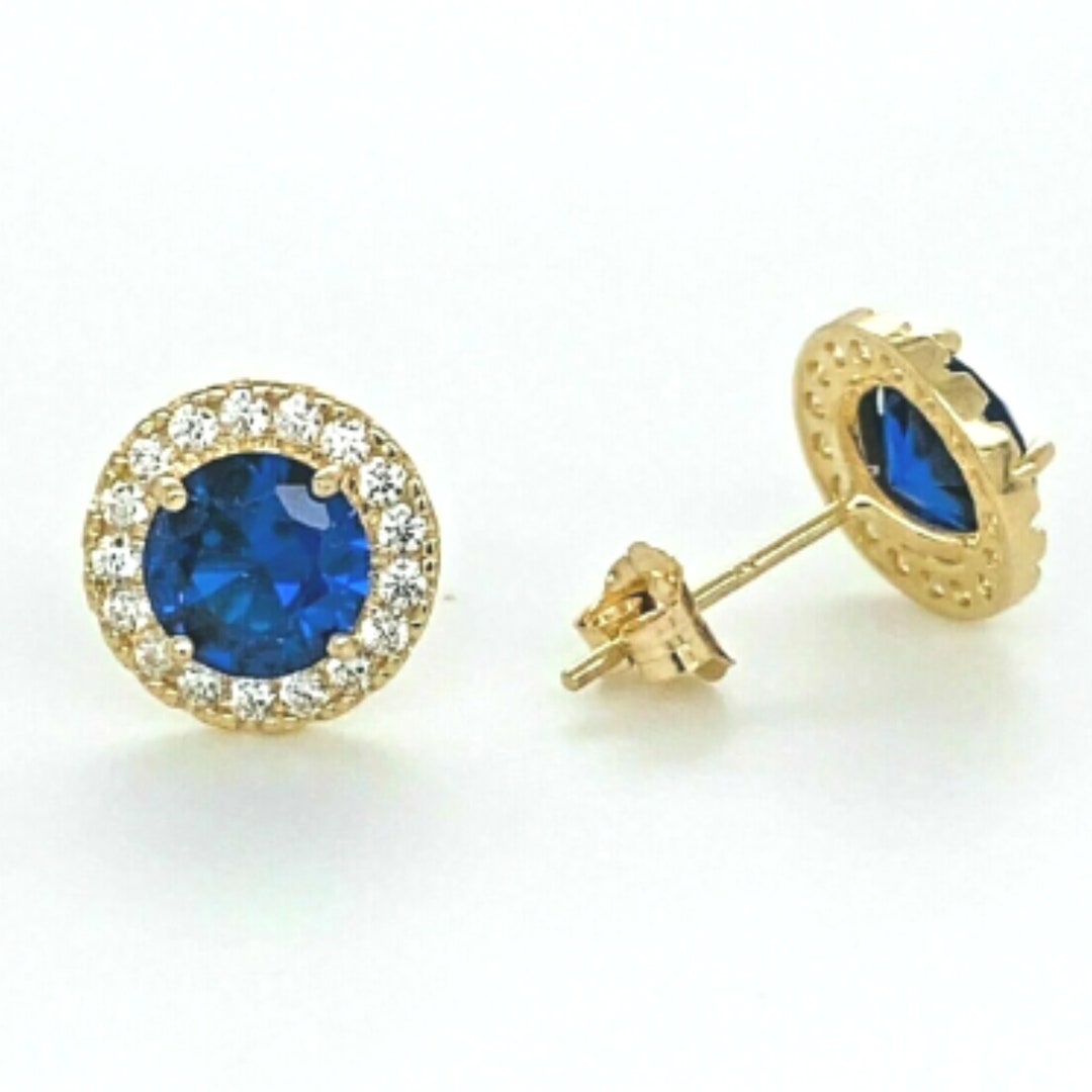 2 Ct Round Cut Blue Sapphire Halo Stud Earrings 14K Solid - Etsy