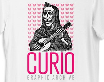 DIA de LOS MUERTOS Unisex Graphic tee w/ vintage Mexican illustration of skeleton guitar player