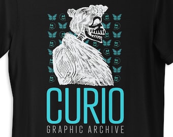 DIA de LOS MUERTOS Unisex Graphic tee w/ vintage Mexican illustration of skeleton lady in fur coat