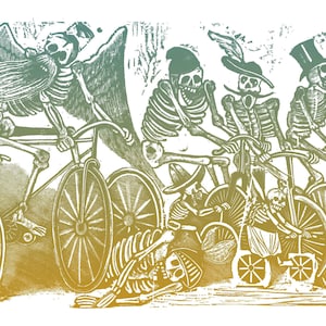 SKELETON BIKE RACE / bicyclists Unisex graphic tee w/ vintage Mexican illustration. Available in multiple colors