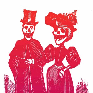 DIA de LOS MUERTOS Graphic tee w/ vintage Mexican illustration of skeleton couple arm in arm. Available in multiple colors