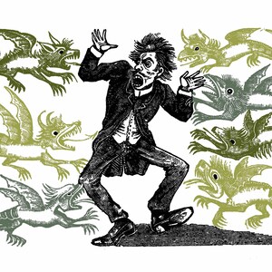May include: A black and white illustration of a man running away from several green and black dragons. The man is wearing a suit and has a terrified expression on his face.
