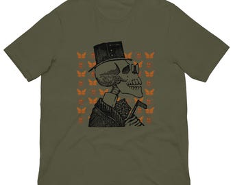 Day of the Dead Gentleman Tee, Vintage Calavera Skeleton Top Hat Shirt, Dia de los Muertos Card Player, Mexican Folk Art Unisex Tee