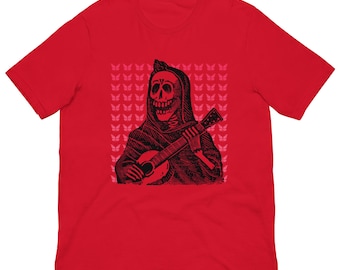 Day of the Dead Guitar Tee, Vintage Calavera Skeleton Musician Shirt, Dia de los Muertos Guitarist, Mexican Folk Art Unisex Tee