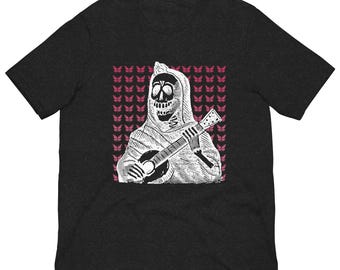 Day of the Dead Guitar Tee, Vintage Calavera Skeleton Musician Shirt, Dia de los Muertos Guitarist, Mexican Folk Art Unisex Tee