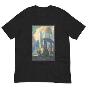 Vintage Chicago Travel Poster T-shirt, Art Deco Skyline Shirt, Chicago Railroad Print, Retro Windy City Gift, Unisex Travel Graphic Tee
