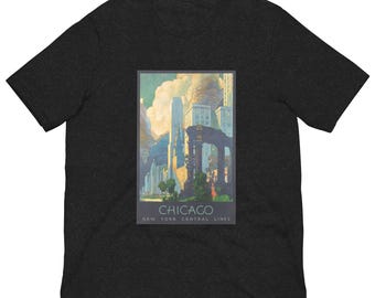 Vintage Chicago Travel Poster Tee, Art Deco Skyline Shirt, Chicago Railroad Print, Retro Windy City Gift, Unisex Travel Graphic Tee