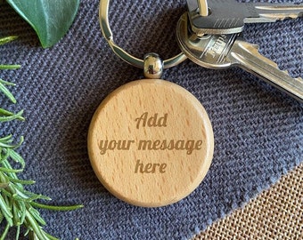 Personalised Round Keyring / Laser Engraved Circle Keychain / Customised Gift / Beech Wood Key Ring / Personal Message Key Chain