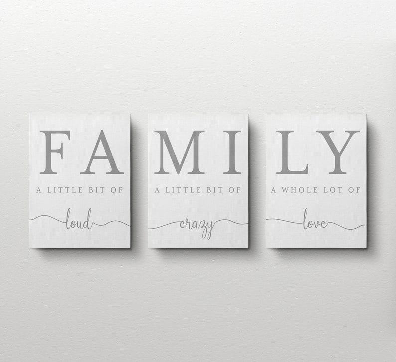 K&ouml;nnte beinhalten: Drei wei&szlig;e Leinw&auml;nde mit dem Wort "FAMILY" in grauen Buchstaben. Die erste Leinwand sagt "Ein bisschen laut", die zweite sagt "Ein bisschen verr&uuml;ckt", und die dritte sagt "Eine Menge Liebe".