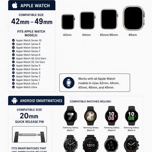 Puede incluir: Gu&iacute;a de tallas de correas de reloj Voxtek. Muestra tama&ntilde;os de Apple Watch de 42mm-49mm y smartwatch Android de 20mm. Incluye modelos compatibles como Samsung Galaxy y Garmin.
