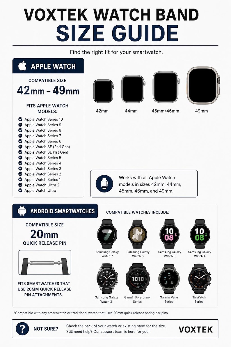 Puede incluir: Gu&iacute;a de tallas de correas de reloj Voxtek. Muestra tama&ntilde;os de Apple Watch de 42mm-49mm y smartwatch Android de 20mm. Incluye modelos compatibles como Samsung Galaxy y Garmin.