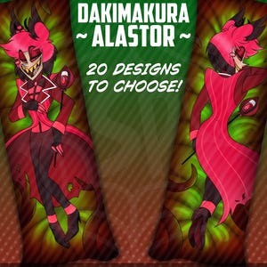 Puede incluir: Una almohada dakimakura roja y negra con un personaje de dibujos animados con cuernos y un traje rojo. La almohada tiene el texto "Dakimakura ~Alastor~ 20 Designs To Choose!" impreso en ella.