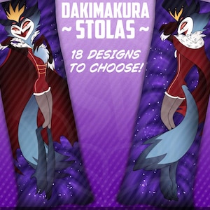 May include: A purple and blue dakimakura body pillow featuring a cartoon character with a crown, red and black clothing, and a blue tail. The text "DAKIMAKURA ~STOLAS~ 18 DESIGNS TO CHOOSE!" is printed on the pillow.