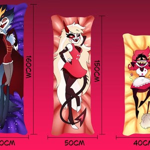 Puede incluir: Tres fundas de almohada diferentes con personajes de dibujos animados de la serie animada Helluva Boss. Las fundas de almohada miden 160 cm x 50 cm, 150 cm x 50 cm y 120 cm x 40 cm.