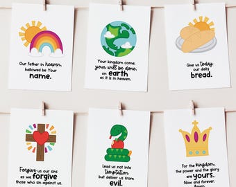 May include: Set of 6 colorful printable cards with illustrations and text from the Lord's Prayer. The cards feature a rainbow, a globe, bread, a cross, a snake, and a crown.