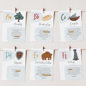 Cartes alphabétiques des noms de Dieu | Cartes bibliques ABC pour enfants | Téléchargement instantané | Apprendre la Bible en s'amusant pour le préscolaire et l'école à la maison