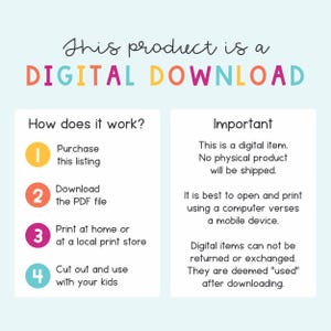May include: A colorful graphic with instructions on how to download and use a digital product. The graphic includes four steps: purchase the listing, download the PDF file, print at home or at a local print store, and cut out and use with your kids. The graphic also includes a section titled "Important" that explains that the product is a digital item and will not be shipped.