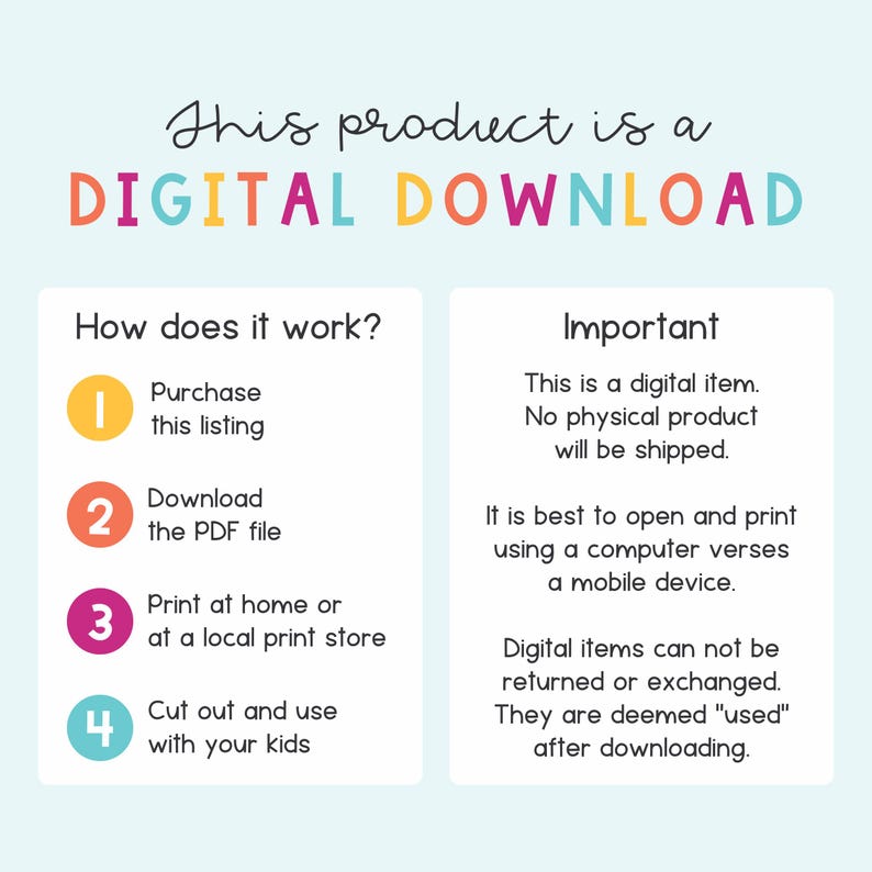 May include: A colorful graphic with instructions on how to download and use a digital product. The graphic includes four steps: purchase the listing, download the PDF file, print at home or at a local print store, and cut out and use with your kids. The graphic also includes a section titled "Important" that explains that the product is a digital item and will not be shipped.