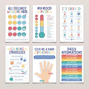 May include: Six colorful educational posters with text and illustrations. Topics include feelings, mood meter, calming strategies, breathing exercises, daily affirmations, and coping skills. The posters are designed with a playful and encouraging aesthetic.