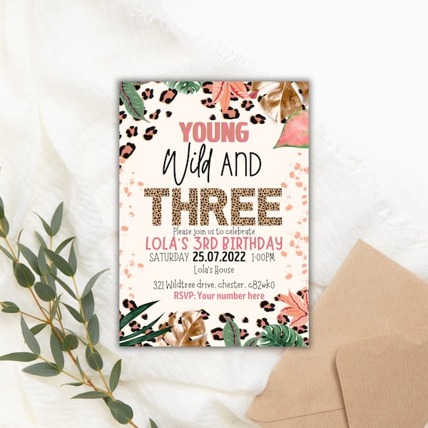 Editable Young Wild And Three Leopard Print Jungle Birthday Party Invitation Leopard Print Wild And Three Birthday Party Template Digital