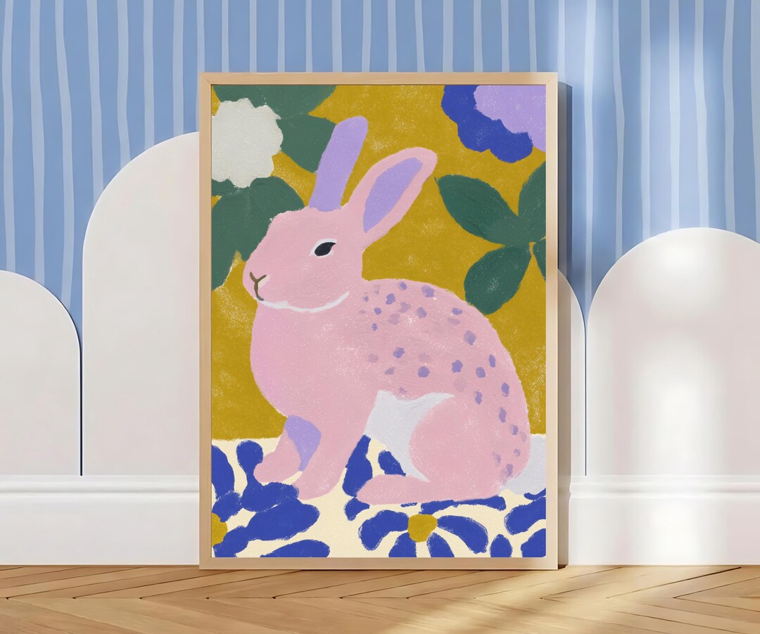 Pink Rabbit Wall Art, Folk Art Bunny Print, Colorful Floral Poster ...