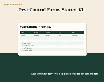 Pest Control Invoice Estimate Forms | Excel Client Intake Checklist | Service Business Starter Kit