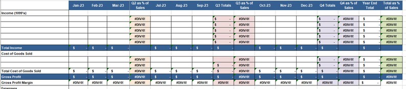 May include: A spreadsheet with a blue header row and a blue column on the left. The spreadsheet contains financial data for a business, including income, cost of goods sold, gross profit, and gross profit margin. The data is organized by month and quarter.