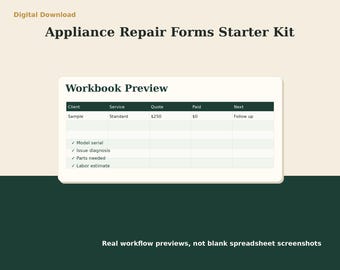Appliance Repair Invoice & Estimate Excel Template | Client Intake Job Checklist Tracker | Solo Service Business Forms Starter Kit