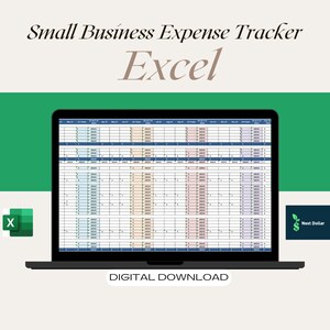 May include: A laptop computer screen displaying a spreadsheet with the title "Small Business Expense Tracker Excel". The spreadsheet is a monthly expense tracker with columns for each month of the year. The spreadsheet is on a green background with the text "DIGITAL DOWNLOAD" below the laptop.