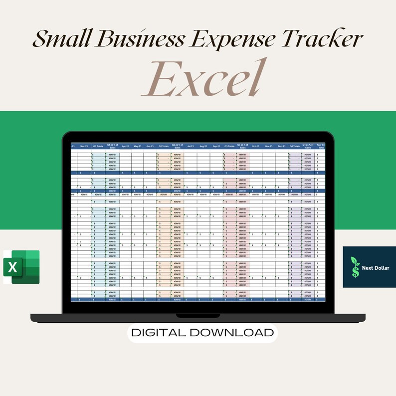May include: A laptop computer screen displaying a spreadsheet with the title "Small Business Expense Tracker Excel". The spreadsheet is a monthly expense tracker with columns for each month of the year. The spreadsheet is on a green background with the text "DIGITAL DOWNLOAD" below the laptop.