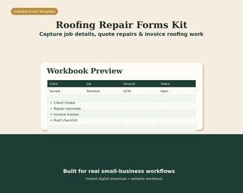 Roofing Repair Invoice Estimate Forms | Excel Client Intake Checklist | Service Business Starter Kit
